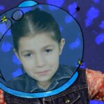 Child posing as an astronaut with a cartoon blue space helmet overlay against a starry blue background.