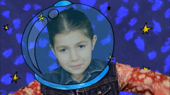 Child posing as an astronaut with a cartoon blue space helmet overlay against a starry blue background.