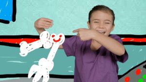 Child in purple scrubs smiles as a white scribbled figure is drawn across a teal, abstract background.