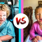 Two kids in a split-screen setup with a 'VS' circle between them: a frustrated curly-haired boy in a car seat on the left and a joyful girl in a pink shirt coloring at home on the right.