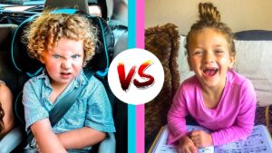 Two kids in a split-screen setup with a 'VS' circle between them: a frustrated curly-haired boy in a car seat on the left and a joyful girl in a pink shirt coloring at home on the right.