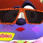 Purple VeggieTales character wearing oversized orange leopard-print sunglasses with red lips; VeggieTales logo in the corner.