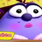 Purple round VeggieTales character with big eyes and pink lips, in a bright room with a VeggieTales logo.