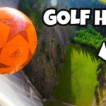 Orange soccer ball held over a steep drop with a distant green hole below and a bold 'GOLF HOLE' label overlay.