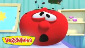 Red VeggieTales tomato character with a surprised expression and open mouth, VeggieTales logo visible in the corner.