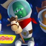 Three VeggieTales characters in space helmets riding stick horses, flying through a starry background with the VeggieTales logo in the corner.