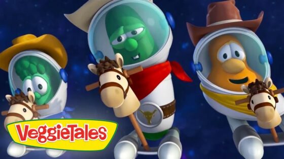 Three VeggieTales characters in space helmets riding stick horses, flying through a starry background with the VeggieTales logo in the corner.