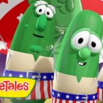 Three cartoon vegetables in patriotic outfits with sparklers and a VeggieTales logo in the corner, ready for a celebratory scene.