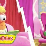 Split-screen scene from VeggieTales with a yellow-haired veggie on a pink couch facing a green veggie in a pink chair; logo bottom left.