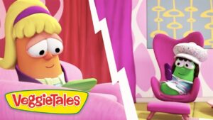 Split-screen scene from VeggieTales with a yellow-haired veggie on a pink couch facing a green veggie in a pink chair; logo bottom left.