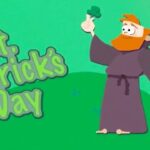 Cartoon leprechaun in a purple robe with a curved staff on a green hill, waving a shamrock, beside the text 'St. Patrick's Day'.
