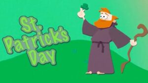 Cartoon leprechaun in a purple robe with a curved staff on a green hill, waving a shamrock, beside the text 'St. Patrick's Day'.