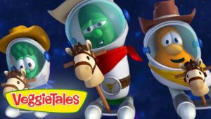 Three VeggieTales characters in space helmets ride toy horses against a starry backdrop, with the VeggieTales logo in the corner.