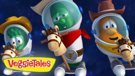 Three VeggieTales characters in space helmets ride toy horses against a starry backdrop, with the VeggieTales logo in the corner.