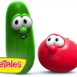 Smiling green cucumber and red tomato cartoon characters from VeggieTales beside the VeggieTales logo on a white background.