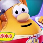 Orange VeggieTales character wearing a white headband in a purple spaceship cockpit, holding a plate of pasta and crackers.