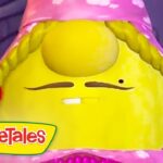 Bright yellow VeggieTales character with braided hair in a pink hoodie, making a puzzled face.