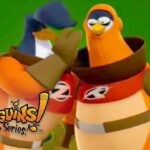 Two orange penguins in brown scarves pose together on a bright green set, with the '3 Penguins! The Series' logo in the lower left corner.