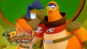 Two orange penguins in brown scarves pose together on a bright green set, with the '3 Penguins! The Series' logo in the lower left corner.