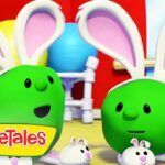 Two green VeggieTales characters with white bunny ears stand in a bright playroom; VeggieTales logo appears in the foreground.