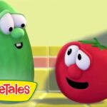 Green cucumber and red tomato from VeggieTales share a smile in a bright kitchen, logo visible in the corner.