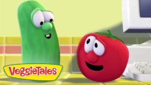 Green cucumber and red tomato from VeggieTales share a smile in a bright kitchen, logo visible in the corner.