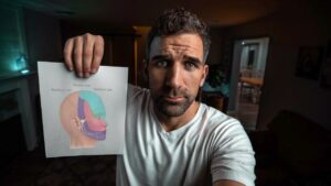 Man in a white shirt holds up a color-coded diagram of a human head showing facial nerve zones (maxillary, mandibular, ophthalmic) for educational purposes.