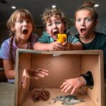 Three children lean over a cardboard box, mouths open in shock as a rubber snake and toy figures lie inside the box at their feet.