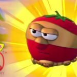 Animated tomato character from VeggieTales is flying with a bright yellow burst background, celebrating the 30th anniversary logo.