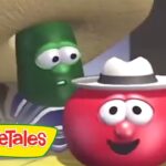Red tomato character wearing a white hat smiles next to a green veggie wearing a large straw hat; VeggieTales logo in corner.
