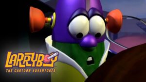LarryBoy: The Cartoon Adventures logo with a surprised purple character peering over a steering wheel in a cockpit.
