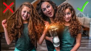 Three girls with long curly hair pose for a bad-vs-good hair demo: left labeled wrong, right labeled correct, with a central adult holding a prop device.