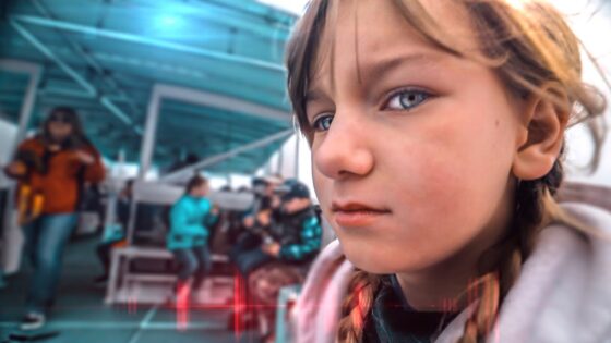 Close-up of a young girl with braided hair and blue eyes, looking at the camera, with a blurred cafe scene in the background under a teal canopy.
