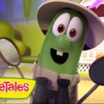 Animated green bean character wearing a hat, holding a large net and a fly swatter, smiling in a bright yard; VeggieTales scene in the foreground.