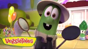 Animated green bean character wearing a hat, holding a large net and a fly swatter, smiling in a bright yard; VeggieTales scene in the foreground.
