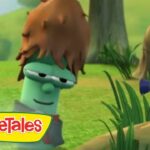 Animated green VeggieTales character with brown hair smiles near a tree in a sunny grassy field; VeggieTales logo in corner.