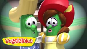 Two VeggieTales characters, a green cucumber and a green bean, wearing clothes, look surprised in a close-up scene.