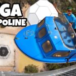 Thumbnail for a mega trampoline stunt: two men in a blue ride capsule yelling as it’s hoisted by a crane high above the ground.