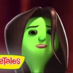 Sad green VeggieTales character in a brown hood against a red background, VeggieTales logo bottom left.