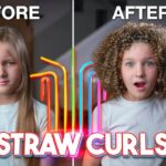 Thumbnail showing before and after straw curl hairstyle: left girl with straight hair, right with curly hair, neon 'STRAW CURLS' text at bottom.