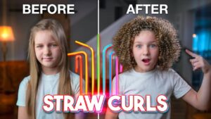 Thumbnail showing before and after straw curl hairstyle: left girl with straight hair, right with curly hair, neon 'STRAW CURLS' text at bottom.