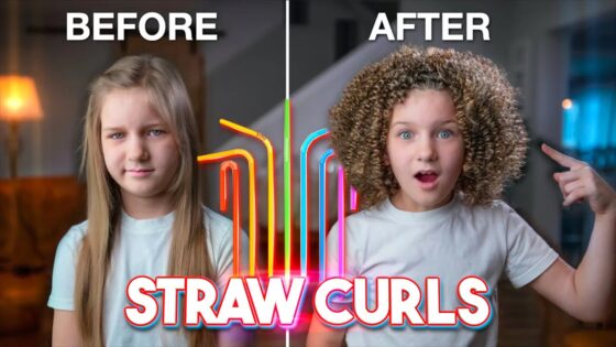 Thumbnail showing before and after straw curl hairstyle: left girl with straight hair, right with curly hair, neon 'STRAW CURLS' text at bottom.
