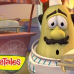 Yellow pear-shaped VeggieTales character wearing a chef hat and striped apron, grilling on a barbecue.