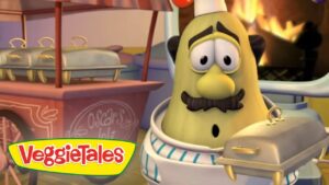 Yellow pear-shaped VeggieTales character wearing a chef hat and striped apron, grilling on a barbecue.
