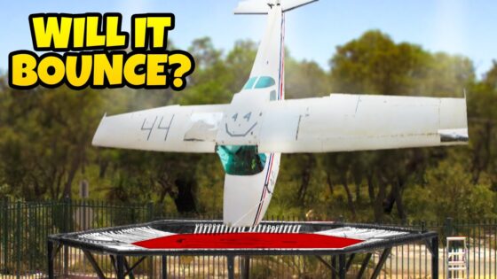 Upside-down small airplane bouncing on a trampoline, with bold 'WILL IT BOUNCE?' text in the corner (video thumbnail).