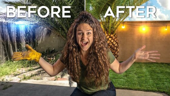 Excited woman with curly hair and a yellow glove on one hand stands in a sunny backyard with 'BEFORE' and 'AFTER' text above.