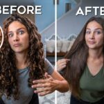 Before/after hair transformation: woman with curly hair on the left, holding a hot styling tool with a prohibition symbol; right shows straighter hair after styling in a bright room.