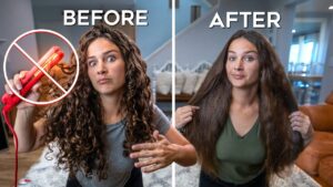 Before/after hair transformation: woman with curly hair on the left, holding a hot styling tool with a prohibition symbol; right shows straighter hair after styling in a bright room.