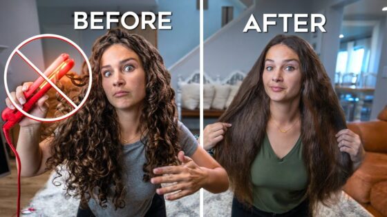 Before/after hair transformation: woman with curly hair on the left, holding a hot styling tool with a prohibition symbol; right shows straighter hair after styling in a bright room.