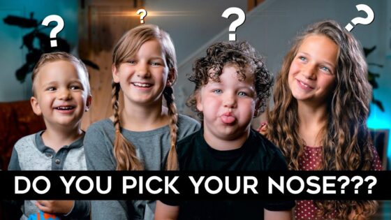 Four smiling kids lined up with question marks above their heads, a bold caption reading 'DO YOU PICK YOUR NOSE???'